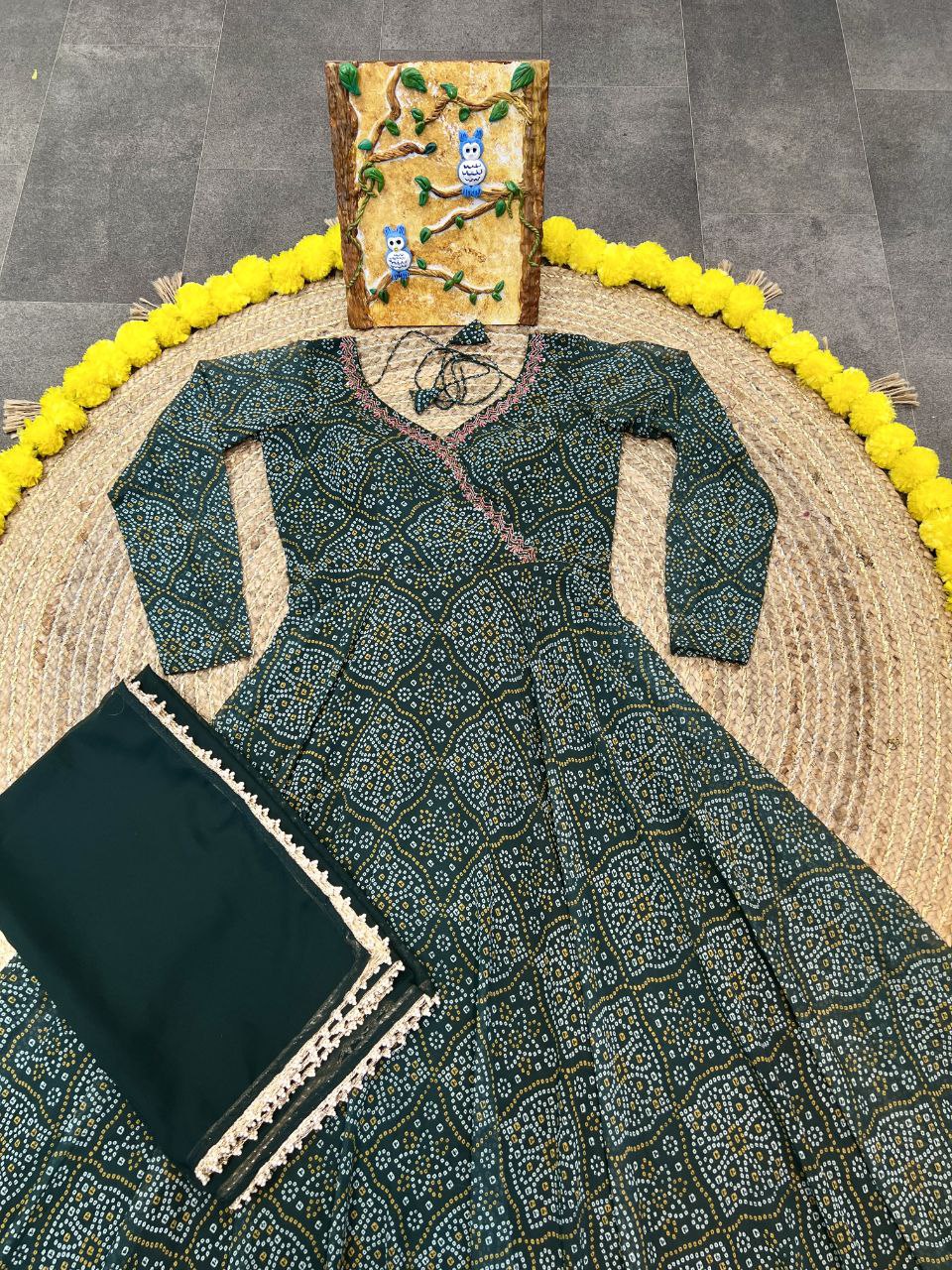 Green Color Heavy Digital Print and Hand Work Bandhani Gown