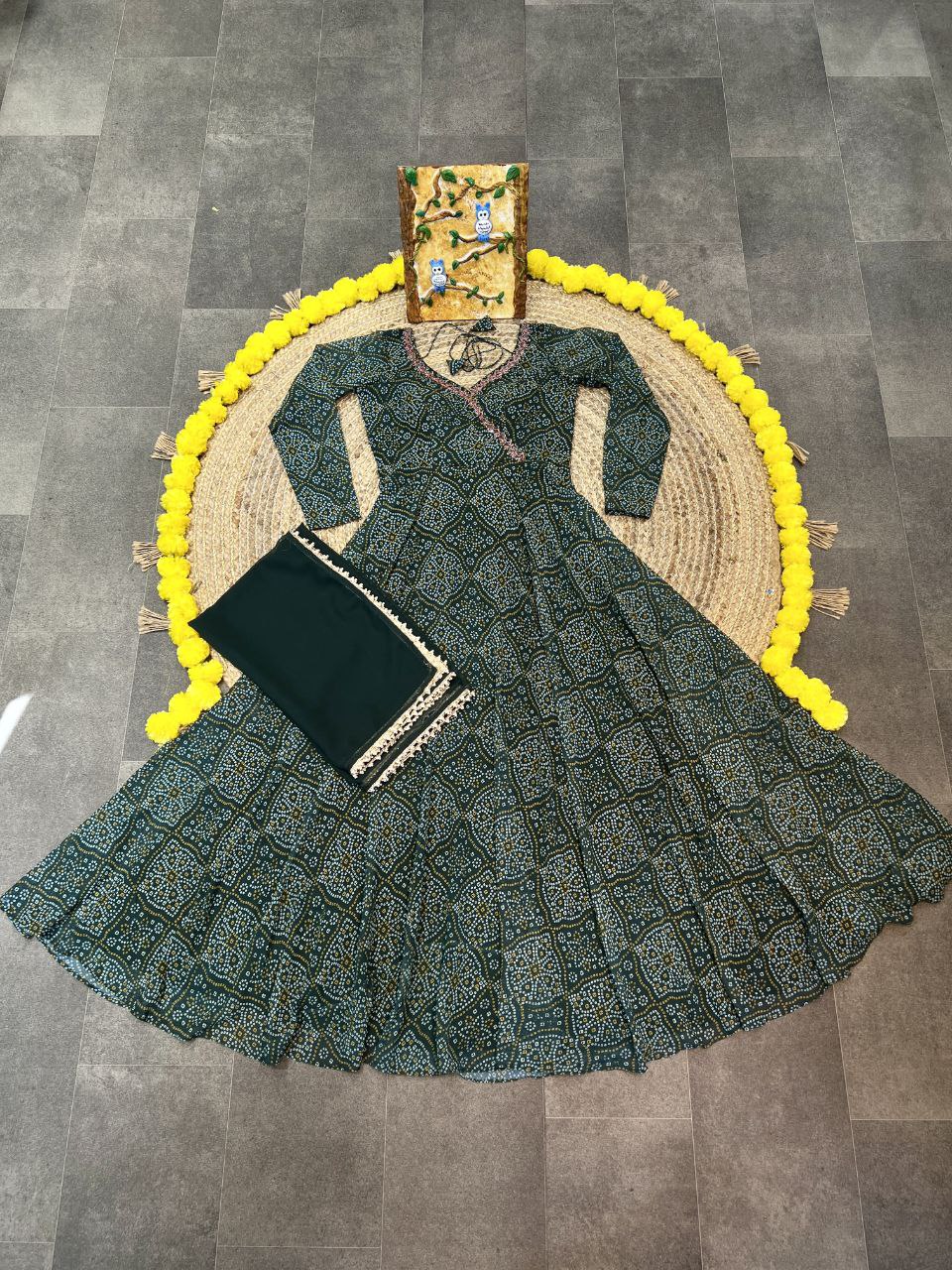 Green Color Heavy Digital Print and Hand Work Bandhani Gown