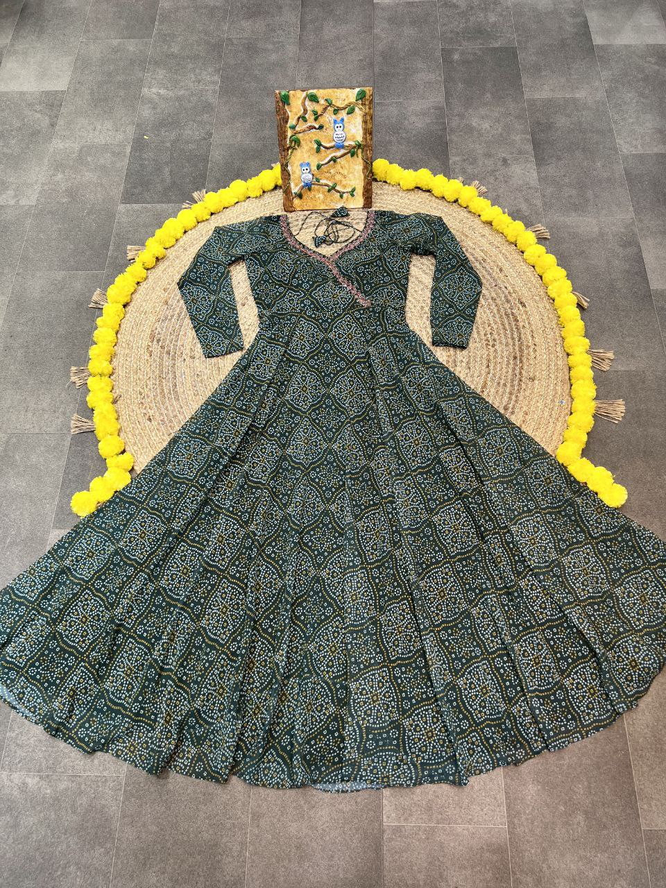 Green Color Heavy Digital Print and Hand Work Bandhani Gown