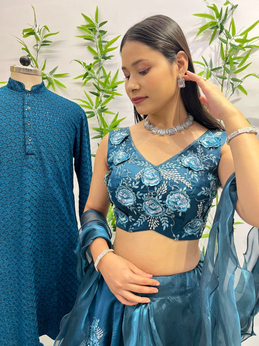 Rama Color Heavy Embroidery Zari and Thread Sequence Work Western Flower Lehenga Choli