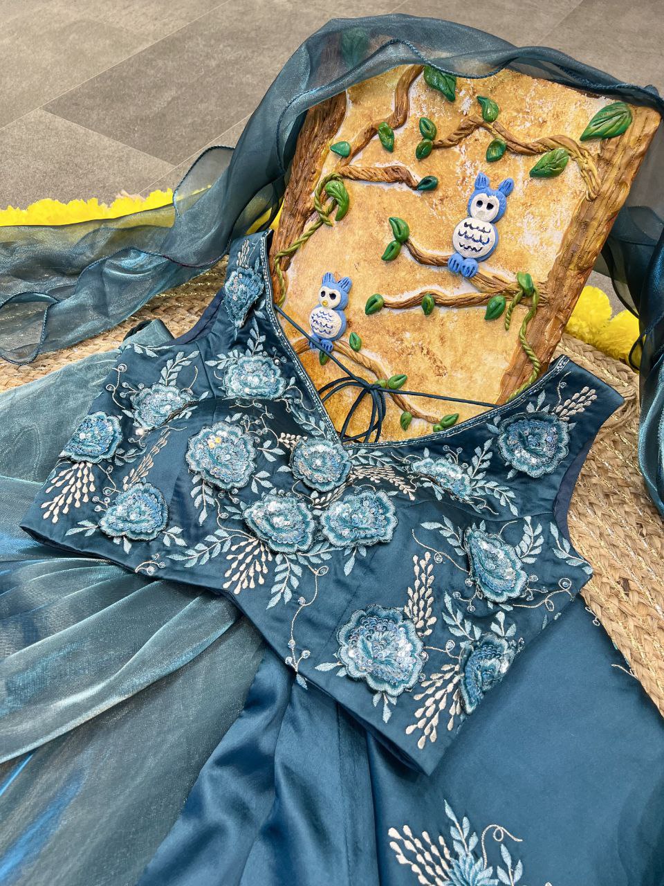 Rama Color Heavy Embroidery Zari and Thread Sequence Work Western Flower Lehenga Choli