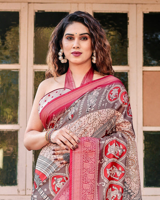 PURE SILK DIGITALLY PRINTED SAREE WEAVED WITH GOLDEN ZARI COMES WITH TASSELS