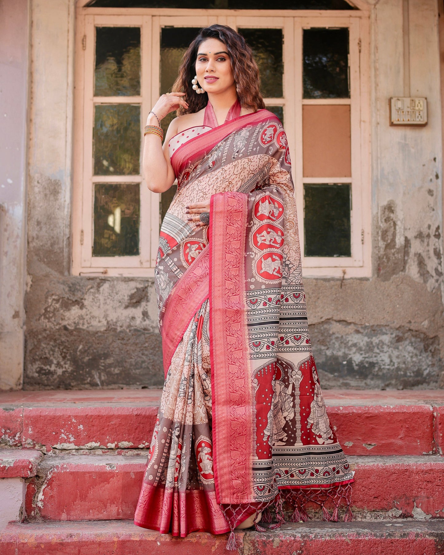 PURE SILK DIGITALLY PRINTED SAREE WEAVED WITH GOLDEN ZARI COMES WITH TASSELS