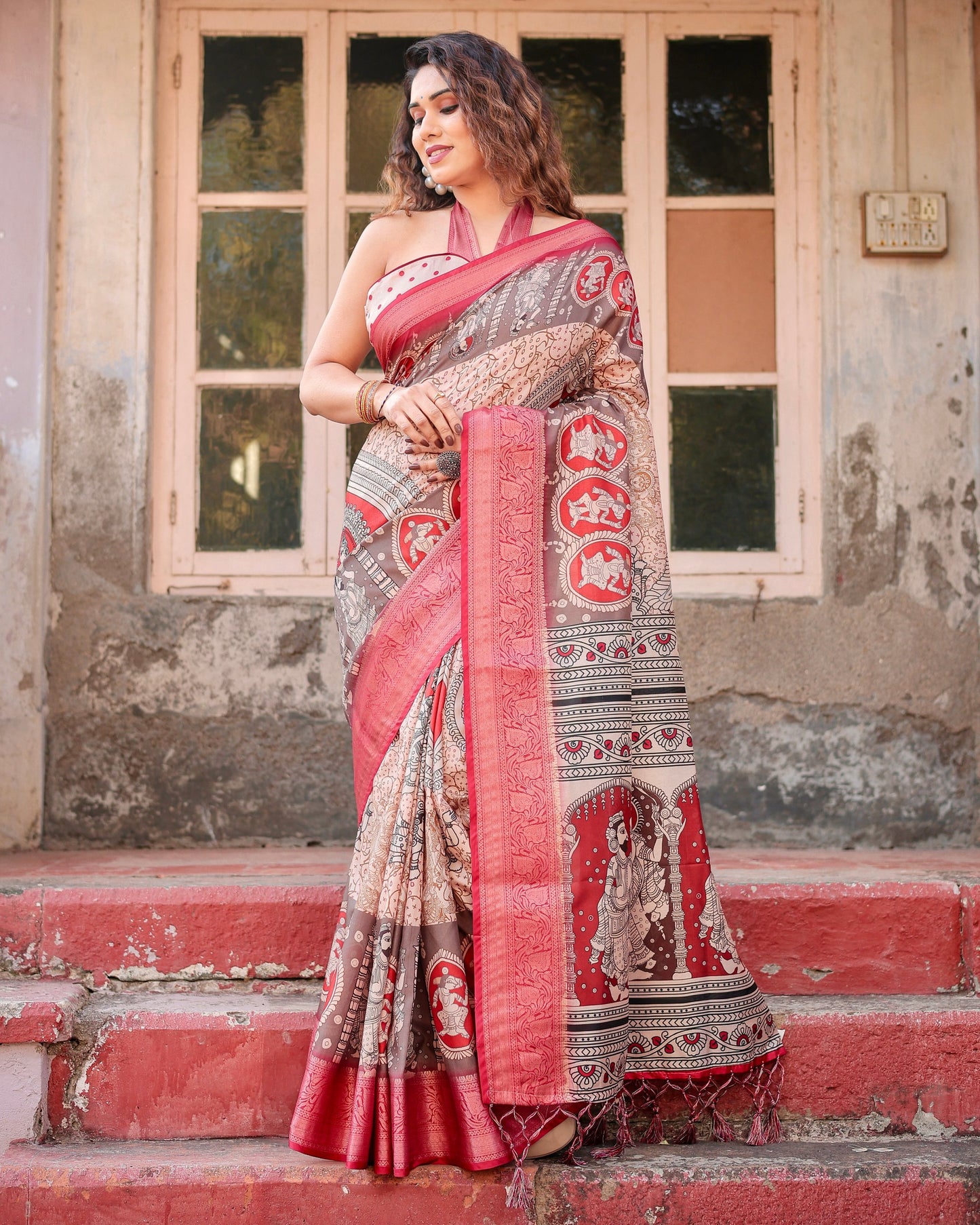 PURE SILK DIGITALLY PRINTED SAREE WEAVED WITH GOLDEN ZARI COMES WITH TASSELS