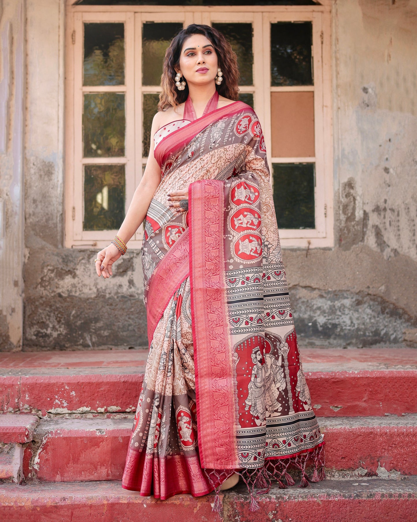 PURE SILK DIGITALLY PRINTED SAREE WEAVED WITH GOLDEN ZARI COMES WITH TASSELS