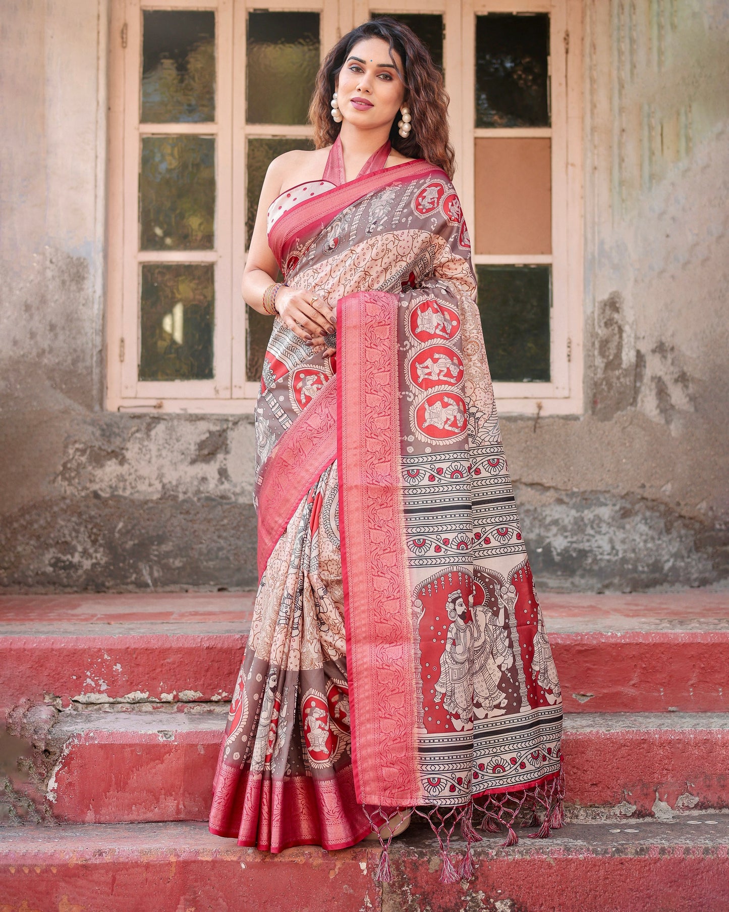 PURE SILK DIGITALLY PRINTED SAREE WEAVED WITH GOLDEN ZARI COMES WITH TASSELS