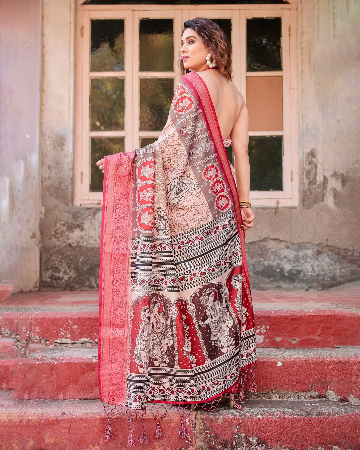 PURE SILK DIGITALLY PRINTED SAREE WEAVED WITH GOLDEN ZARI COMES WITH TASSELS