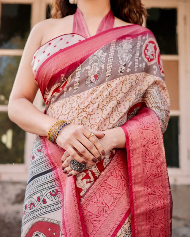 PURE SILK DIGITALLY PRINTED SAREE WEAVED WITH GOLDEN ZARI COMES WITH TASSELS