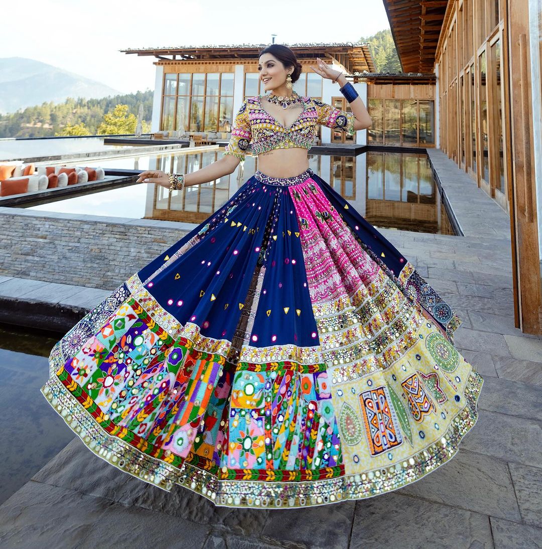 Blue Pink Fancy Digital Print And Real Mirror Work Navratri Lehenga