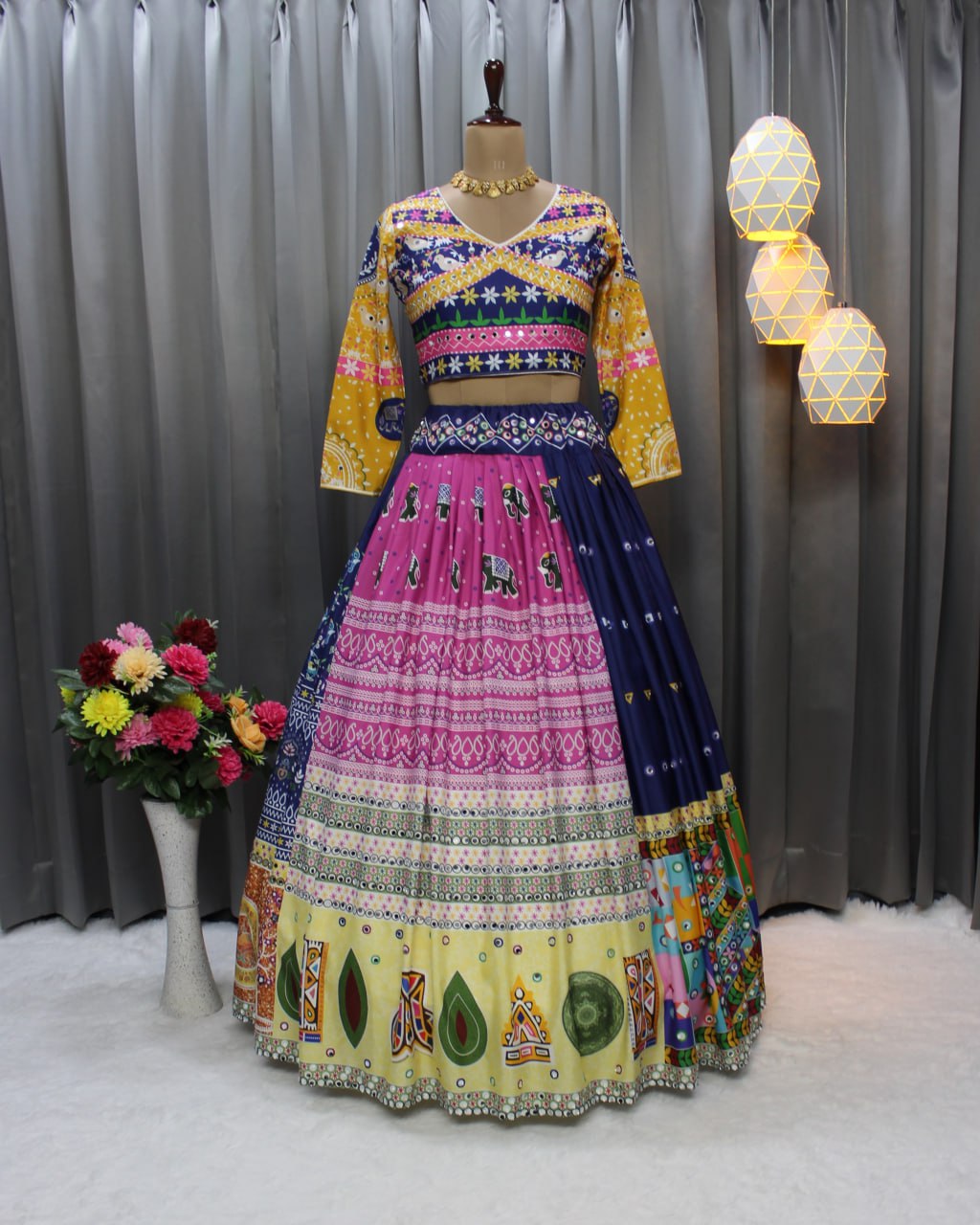 Blue Pink Fancy Digital Print And Real Mirror Work Navratri Lehenga