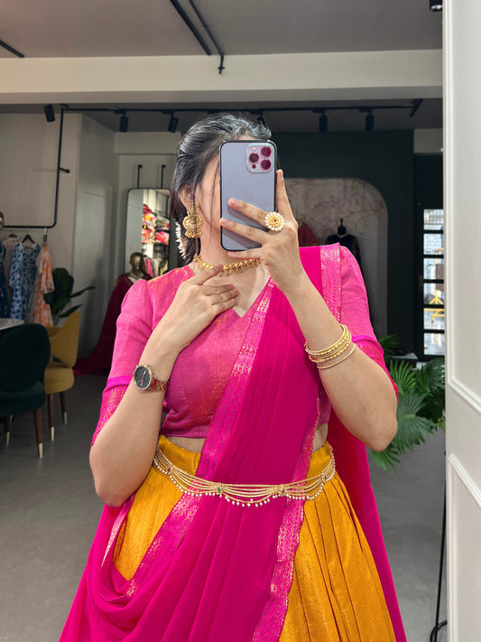 Mustard Color Zari Weaving Work Kanchipuram South Indian Lehenga Choli