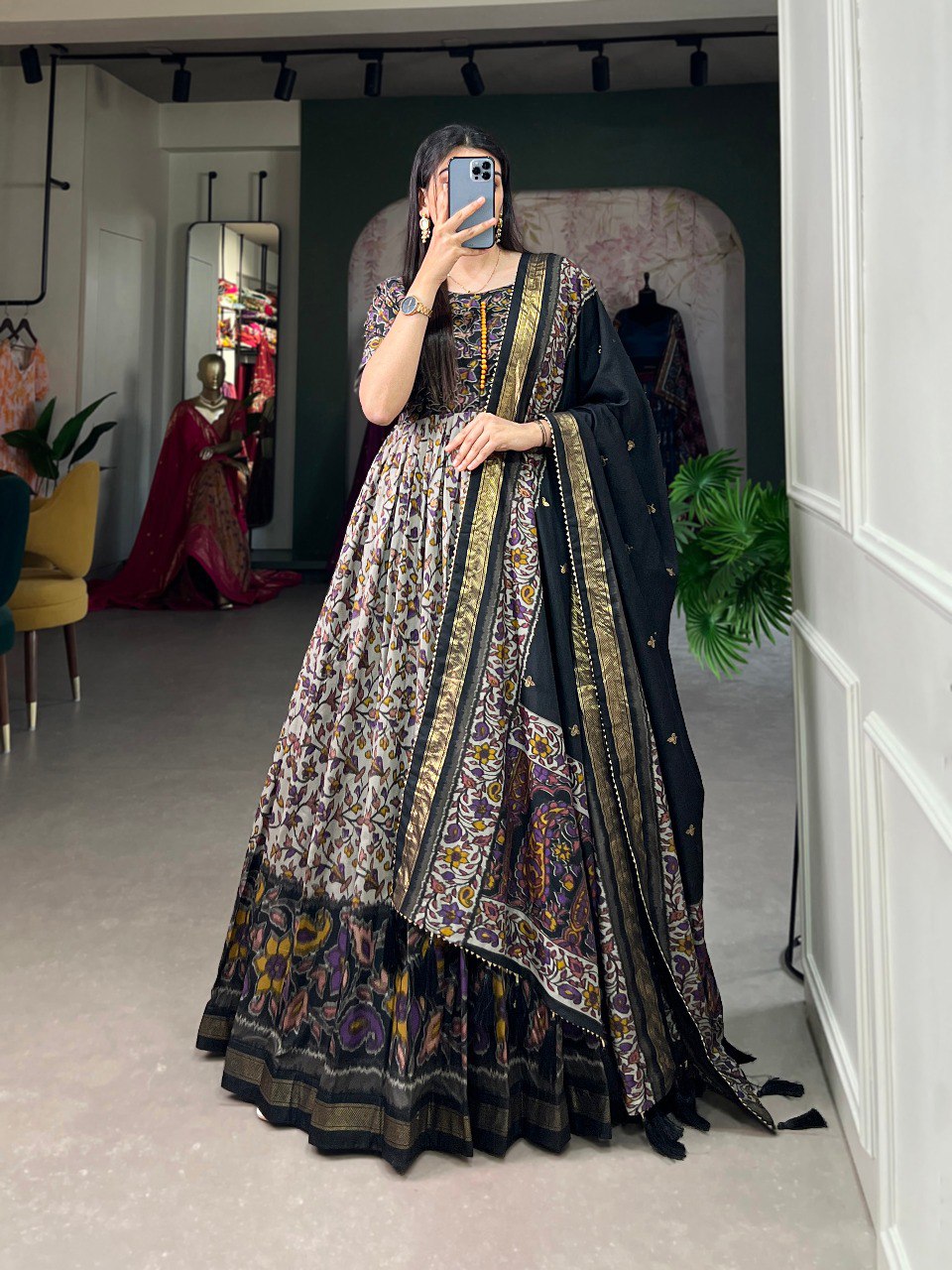 Black Color Print With Foil Work Tussar Silk Dress