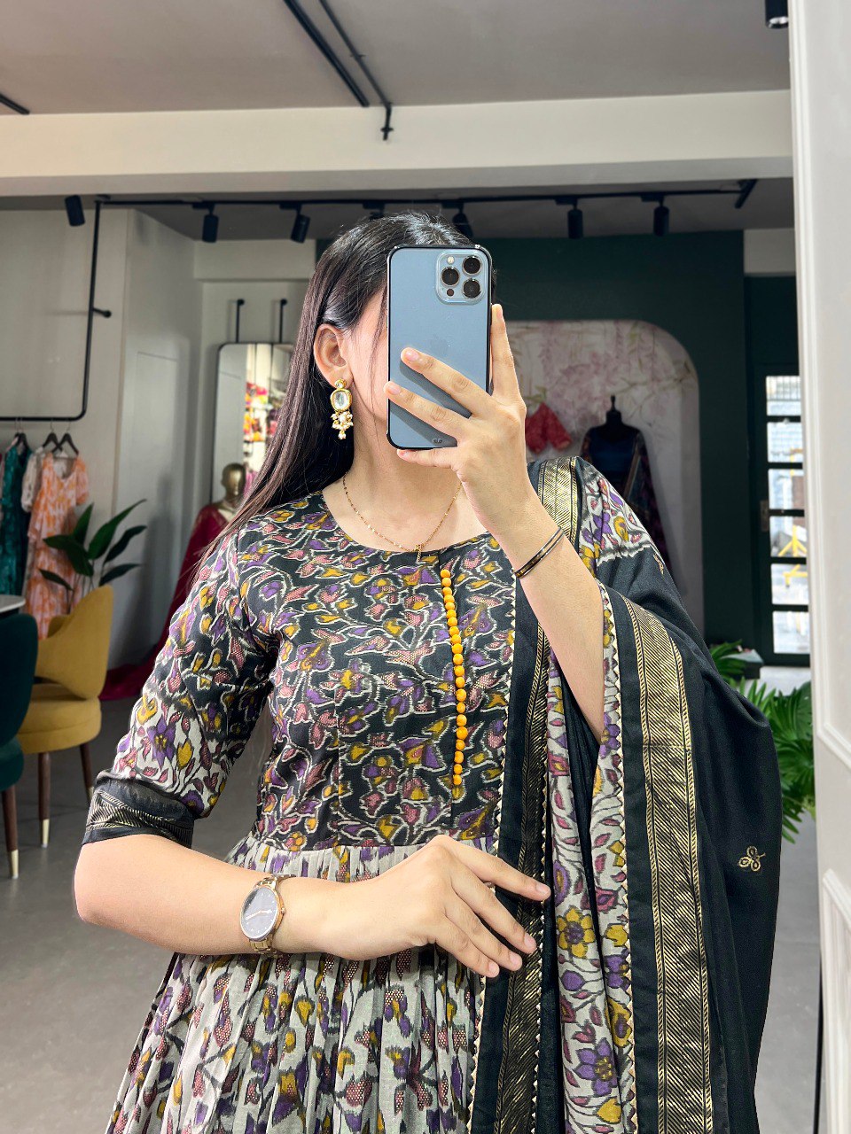 Black Color Print With Foil Work Tussar Silk Dress
