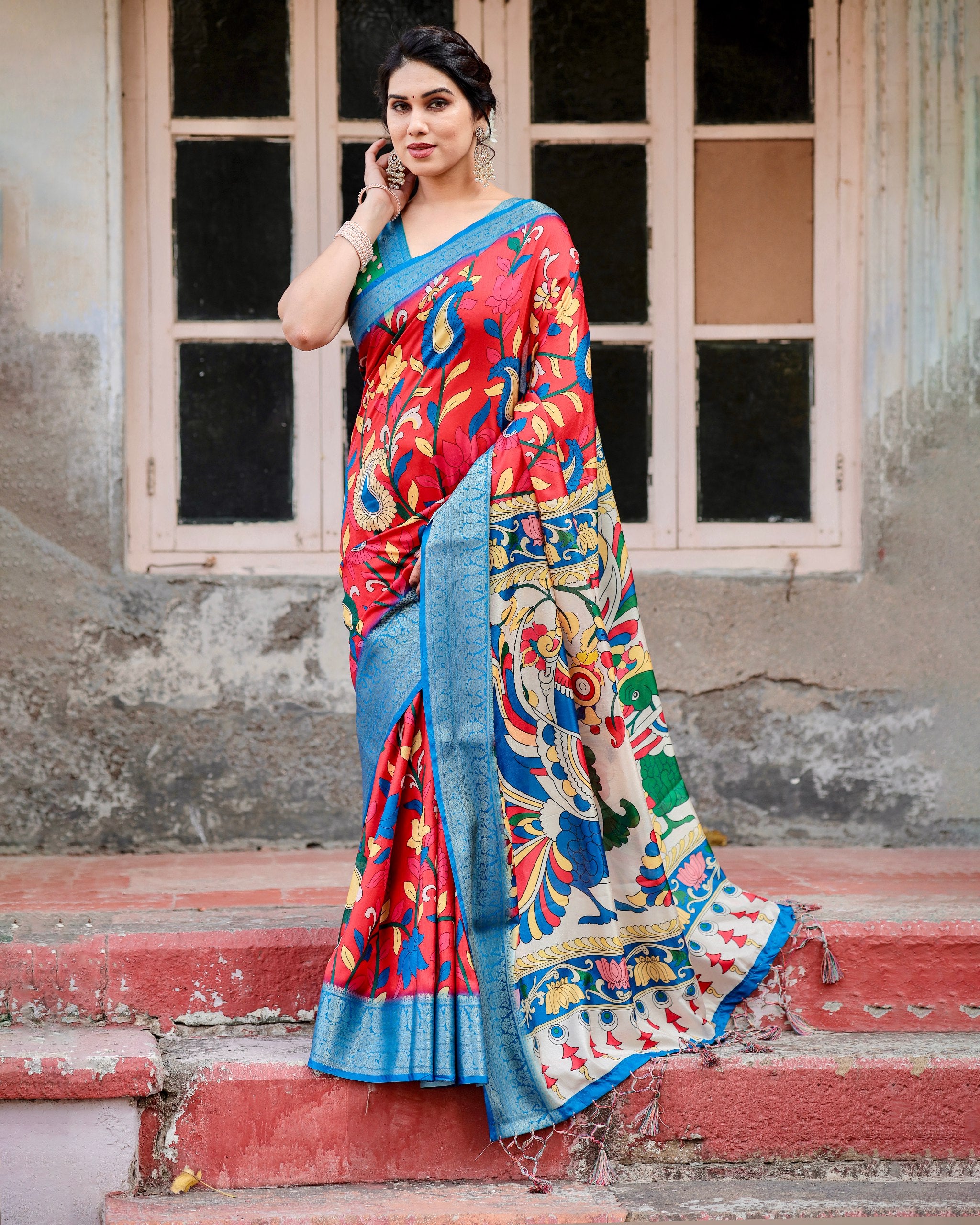 PURE SILK DIGITALLY PRINTED SAREE WEAVED WITH GOLDEN ZARI COMES WITH TASSELS