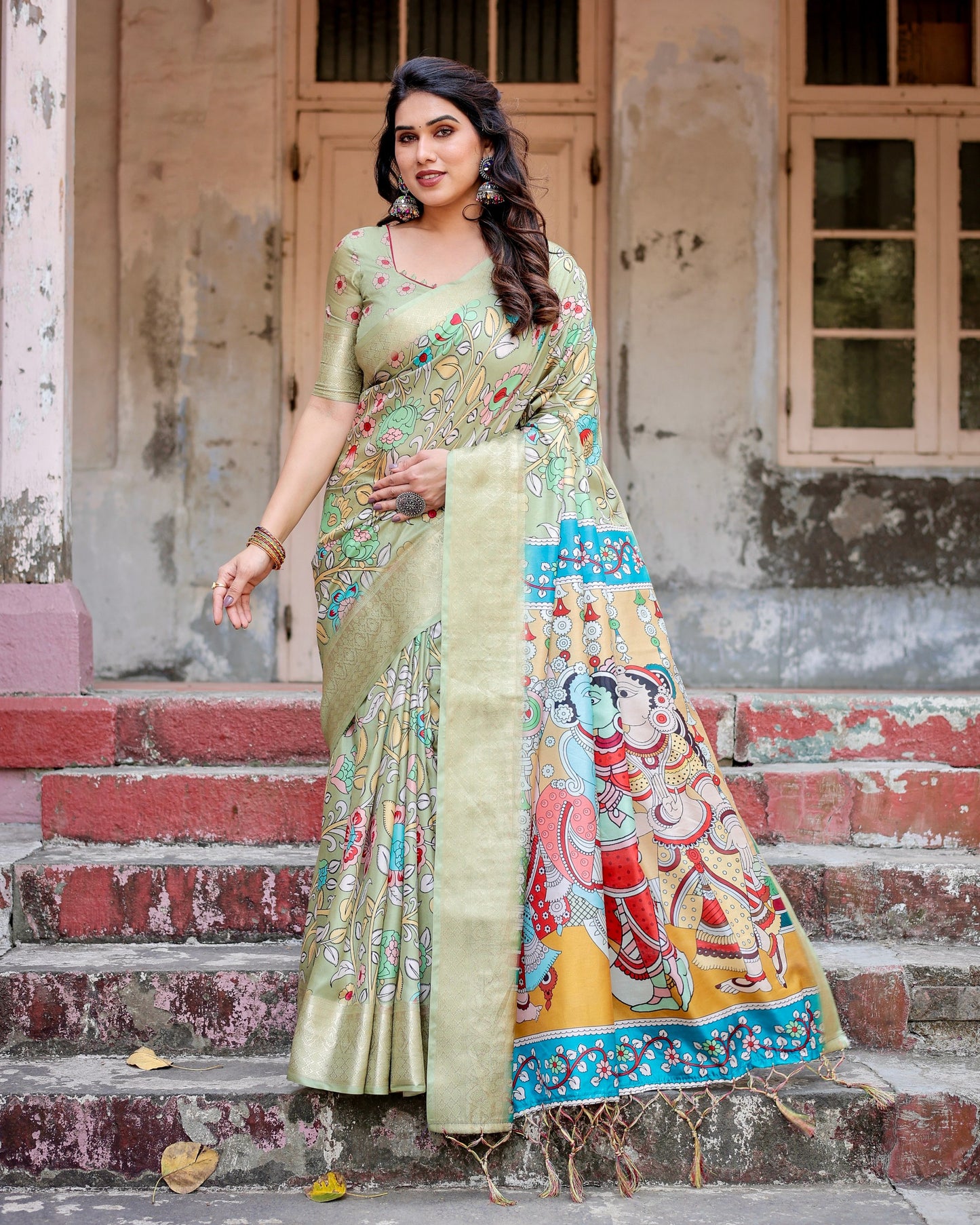 PURE SILK DIGITALLY PRINTED SAREE WEAVED WITH GOLDEN ZARI COMES WITH TASSELS
