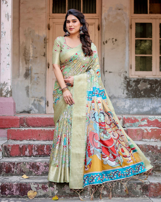 PURE SILK DIGITALLY PRINTED SAREE WEAVED WITH GOLDEN ZARI COMES WITH TASSELS