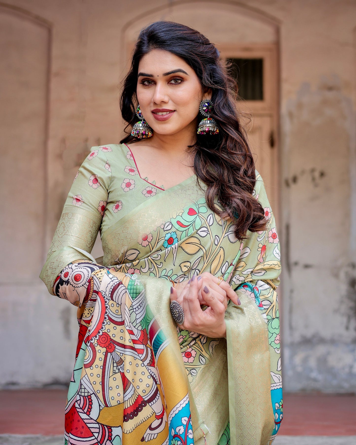 PURE SILK DIGITALLY PRINTED SAREE WEAVED WITH GOLDEN ZARI COMES WITH TASSELS