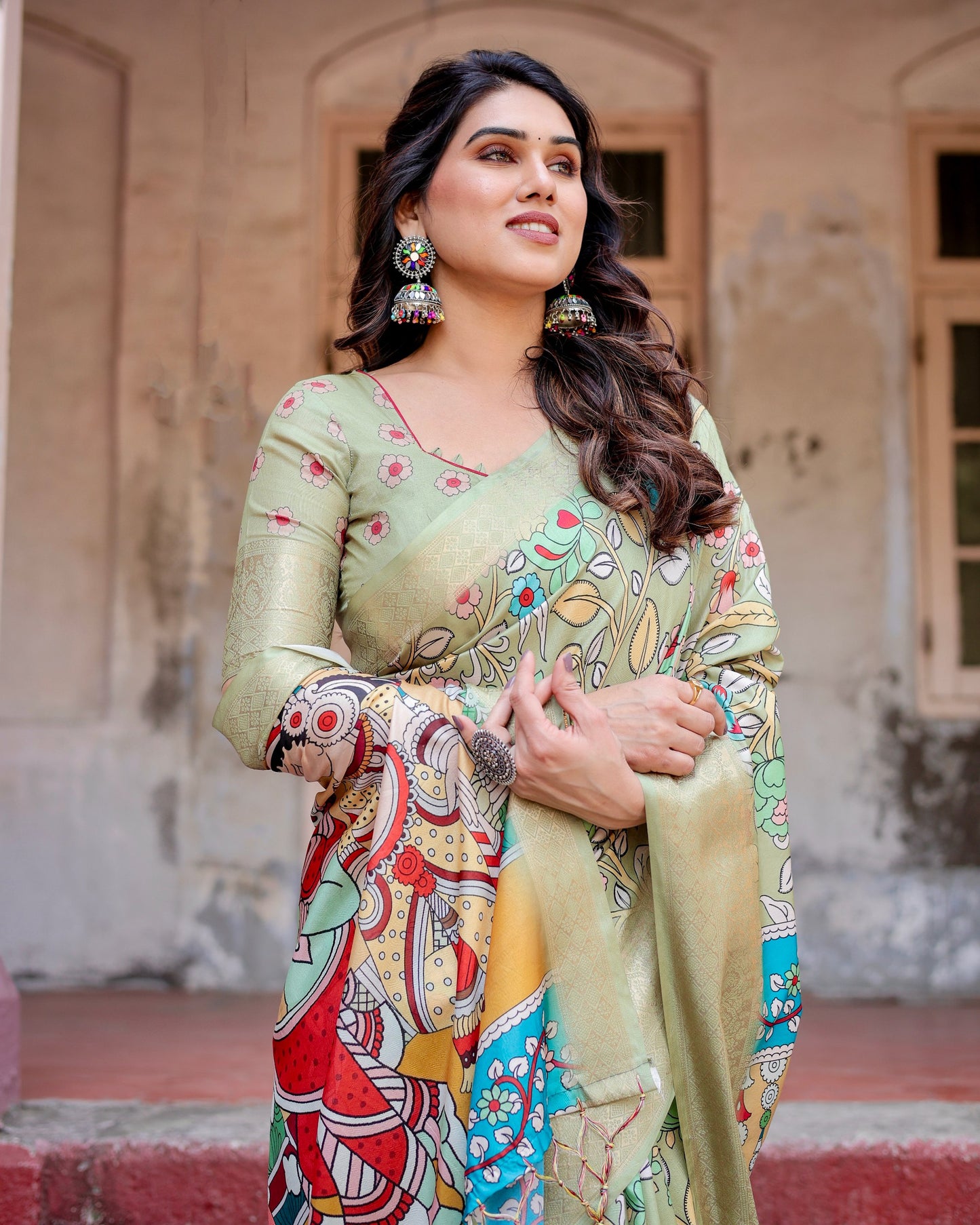 PURE SILK DIGITALLY PRINTED SAREE WEAVED WITH GOLDEN ZARI COMES WITH TASSELS