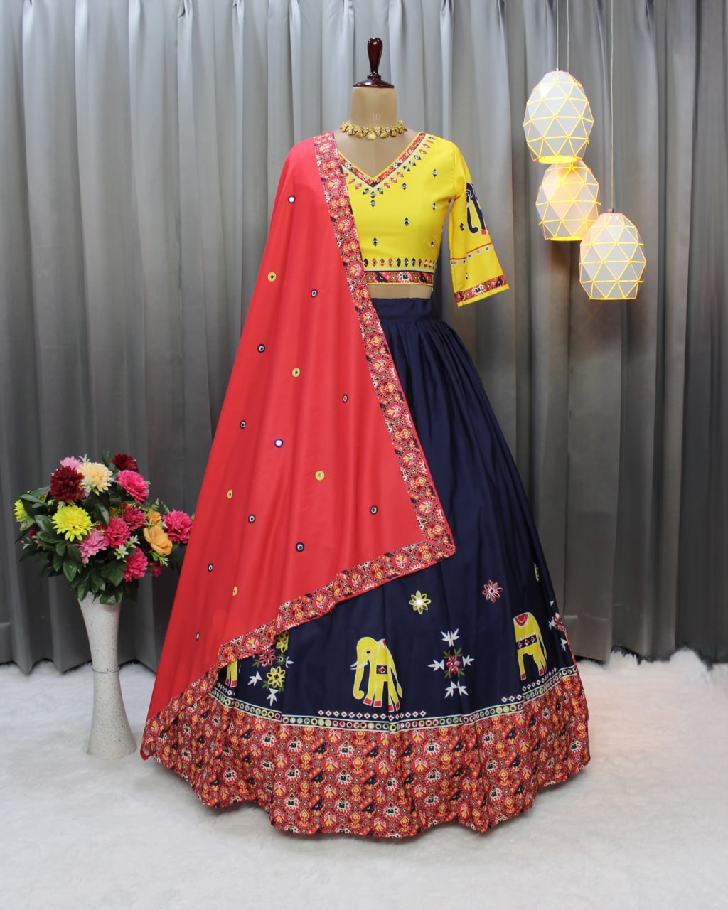 Blue Parrot Fancy Digital Print Real Mirror Work Navratri Lehenga