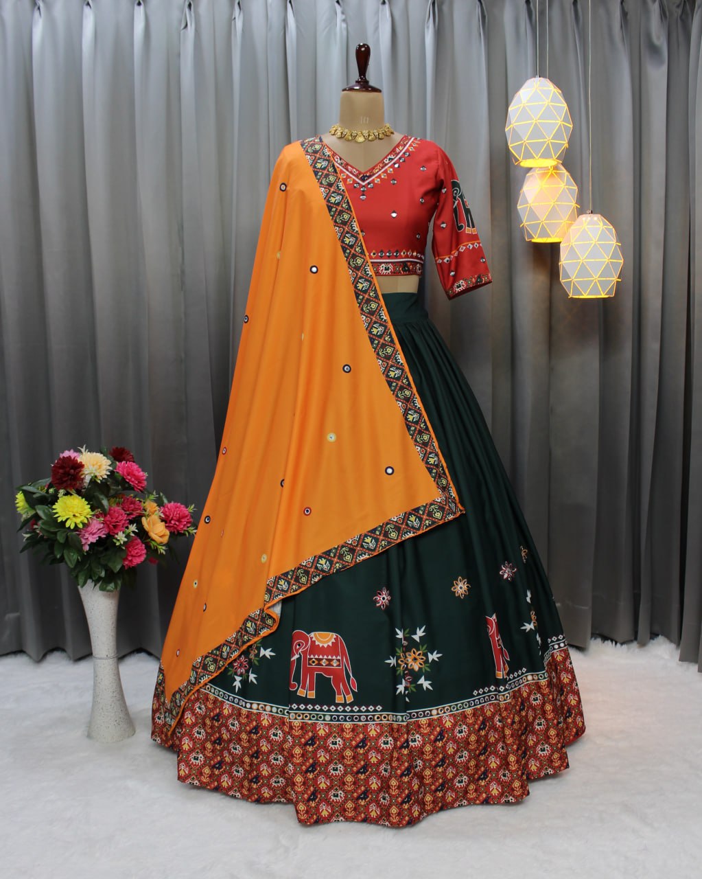 Green Rani Fancy Digital Print Real Mirror Work Navratri Lehenga