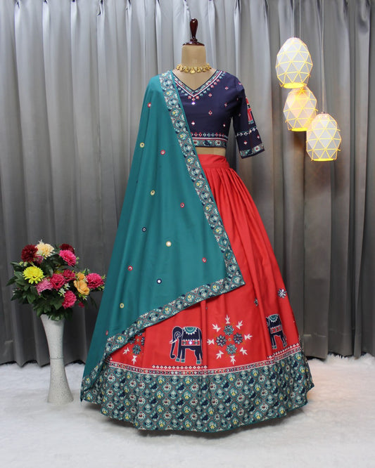 Rani Blue Fancy Digital Print Real Mirror Work Navratri Lehenga