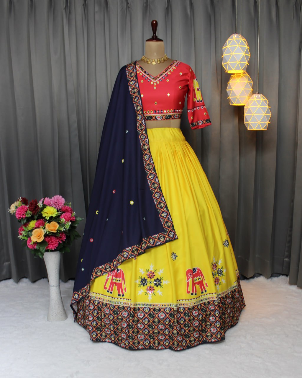 Parrot Rani Fancy Digital Print Real Mirror Work Navratri Lehenga