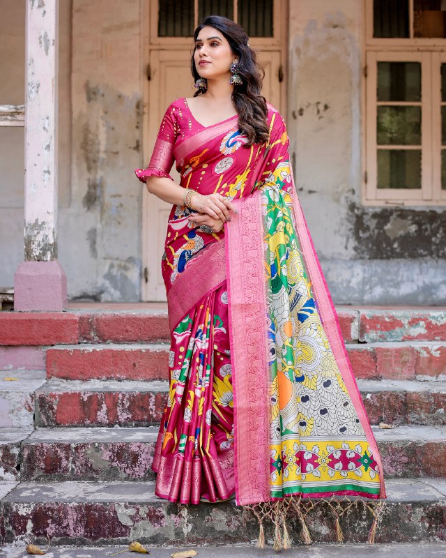 PURE SILK DIGITALLY PRINTED SAREE WEAVED WITH GOLDEN ZARI COMES WITH TASSELS
