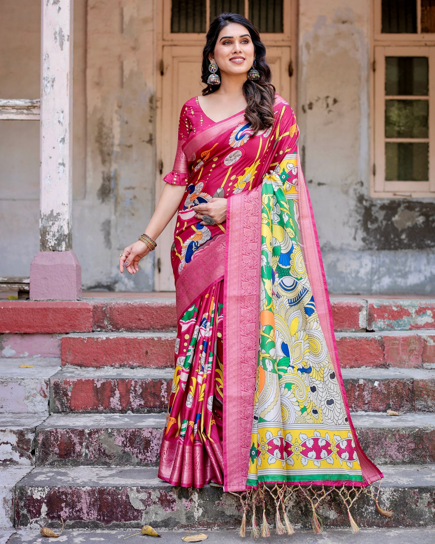 PURE SILK DIGITALLY PRINTED SAREE WEAVED WITH GOLDEN ZARI COMES WITH TASSELS