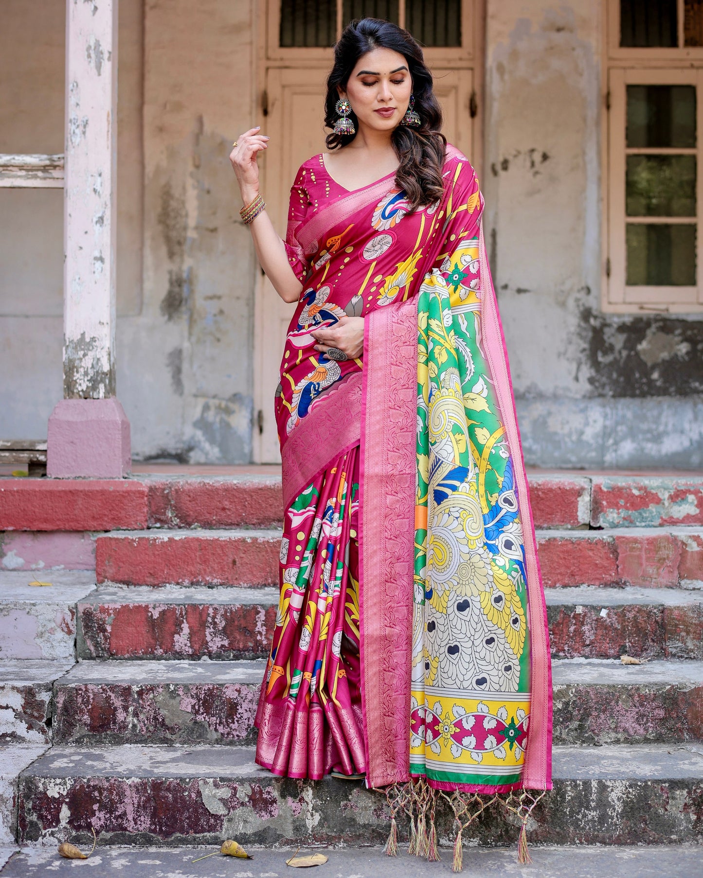 PURE SILK DIGITALLY PRINTED SAREE WEAVED WITH GOLDEN ZARI COMES WITH TASSELS
