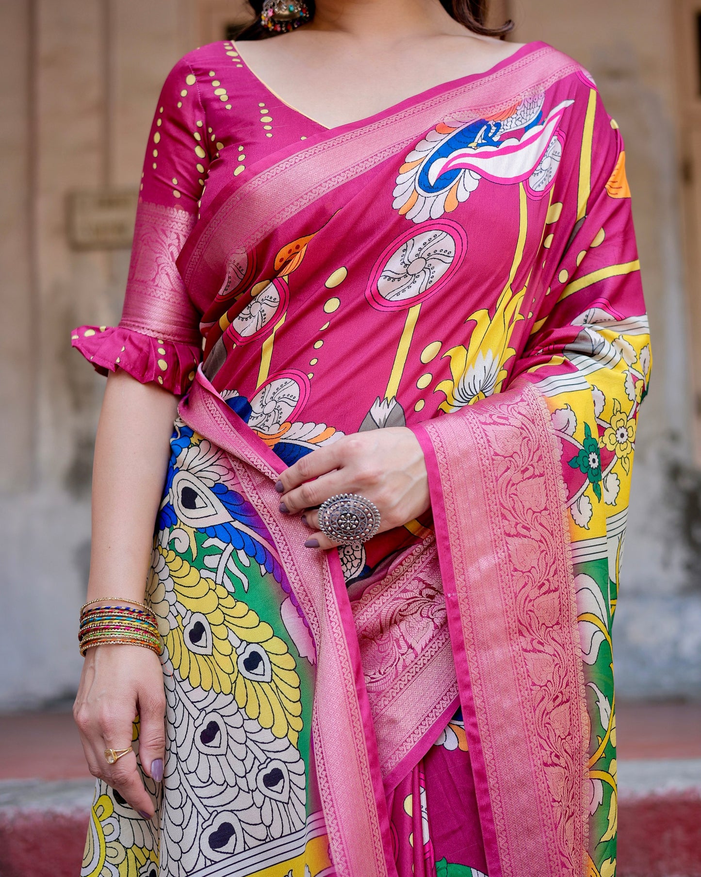 PURE SILK DIGITALLY PRINTED SAREE WEAVED WITH GOLDEN ZARI COMES WITH TASSELS