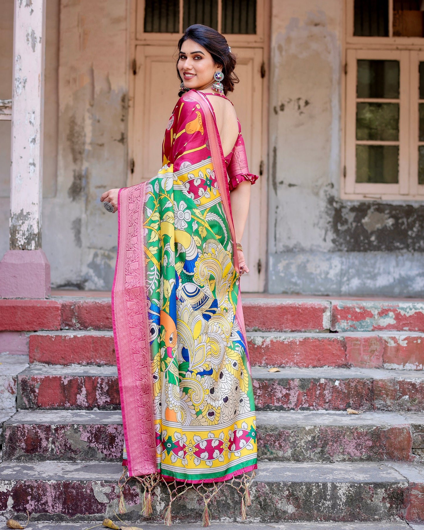 PURE SILK DIGITALLY PRINTED SAREE WEAVED WITH GOLDEN ZARI COMES WITH TASSELS