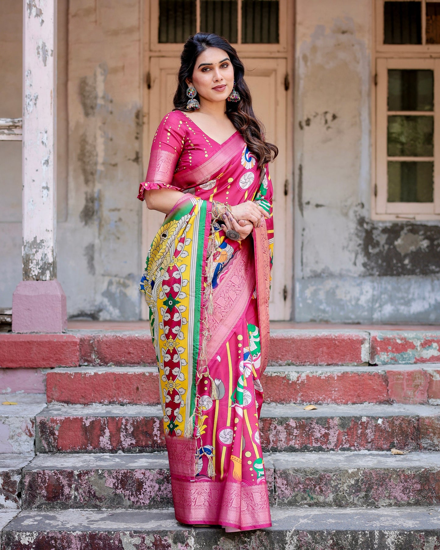 PURE SILK DIGITALLY PRINTED SAREE WEAVED WITH GOLDEN ZARI COMES WITH TASSELS