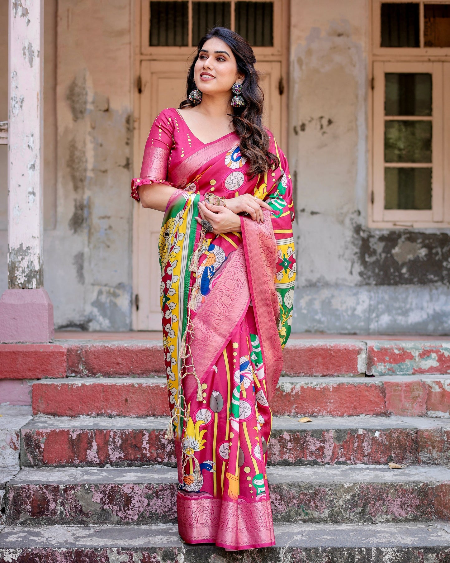 PURE SILK DIGITALLY PRINTED SAREE WEAVED WITH GOLDEN ZARI COMES WITH TASSELS