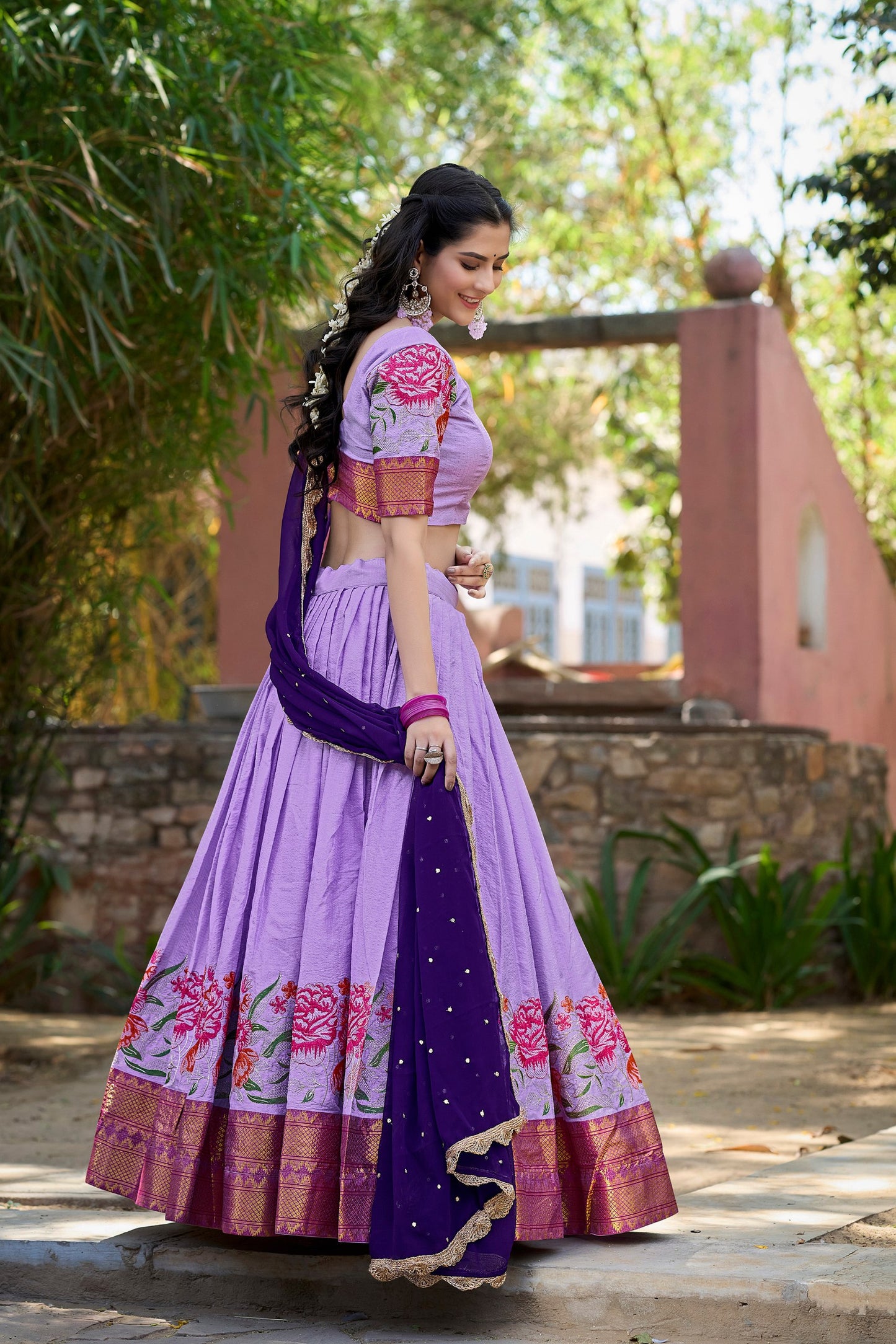 Lavender Color Thread Embroidery Work Cotton Silk Lehenga Choli