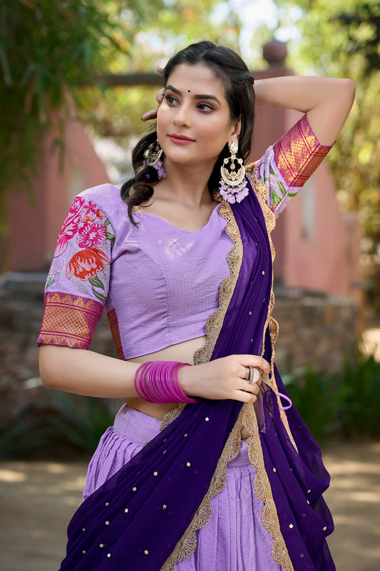 Lavender Color Thread Embroidery Work Cotton Silk Lehenga Choli