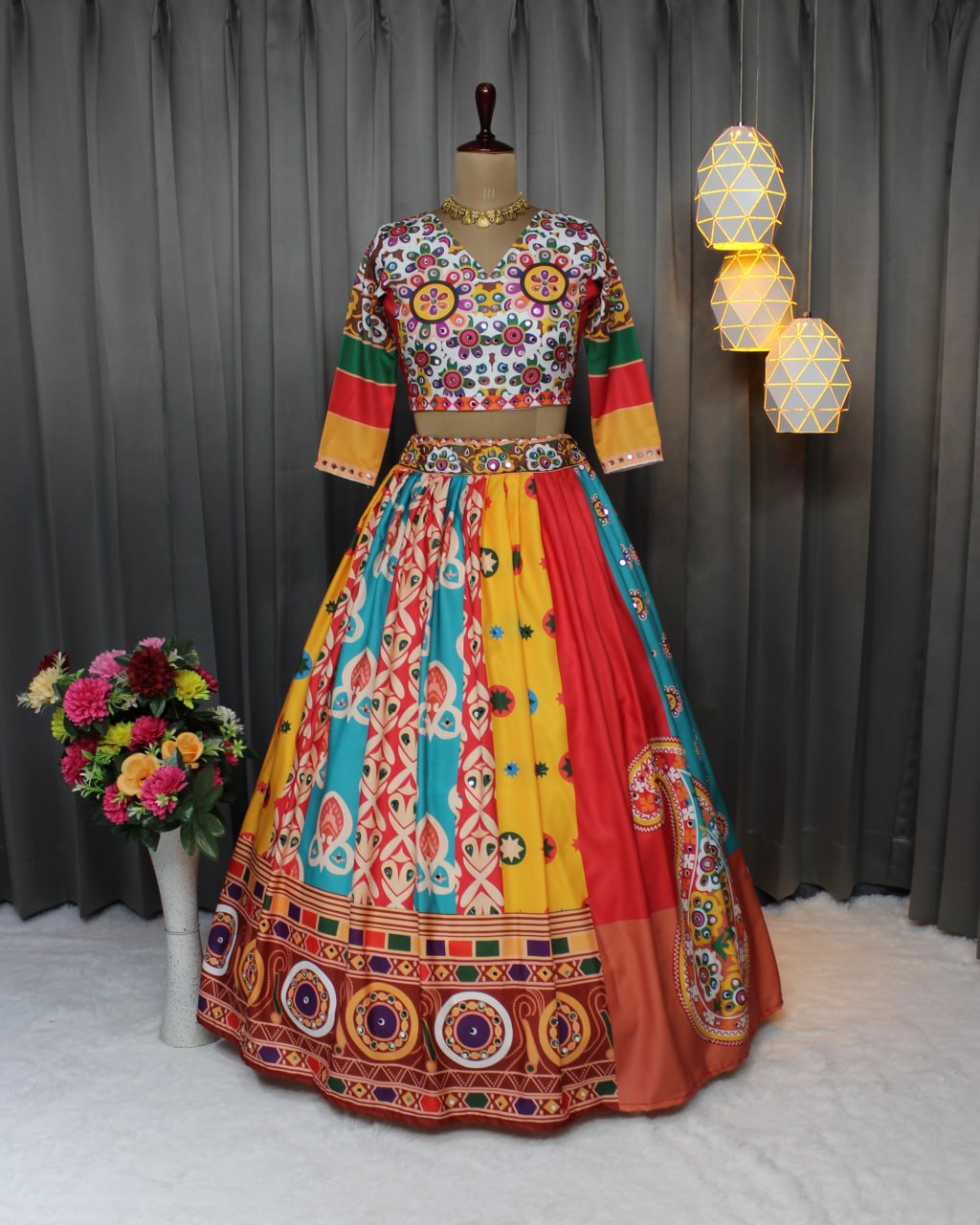 Multi Color Fancy Digital Print Real Mirror Work Navratri Lehenga