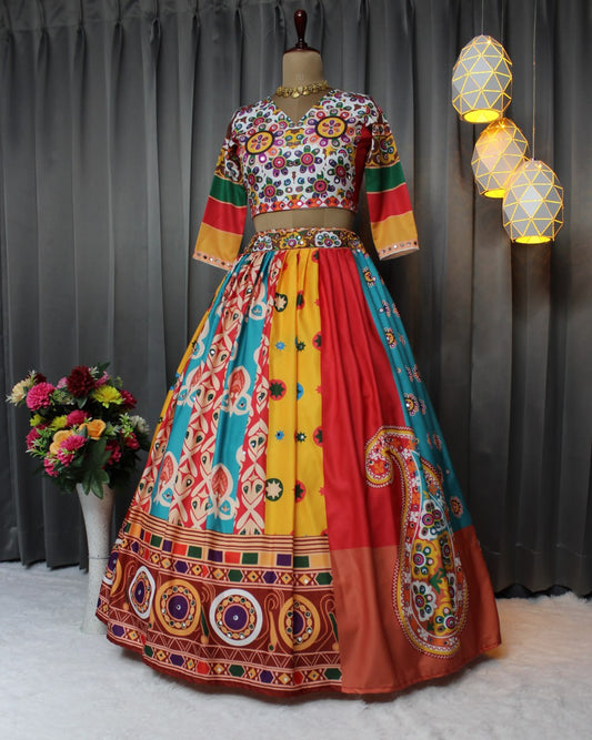 Multi Color Fancy Digital Print Real Mirror Work Navratri Lehenga