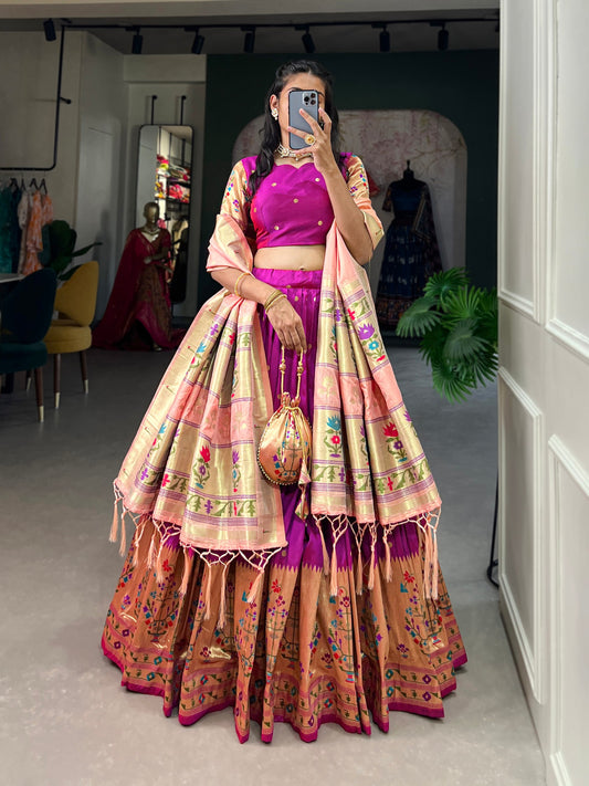 Purple Color Jacquard Silk (Paithani) Weaving Zari Work Wedding Wear Lehenga Choli
