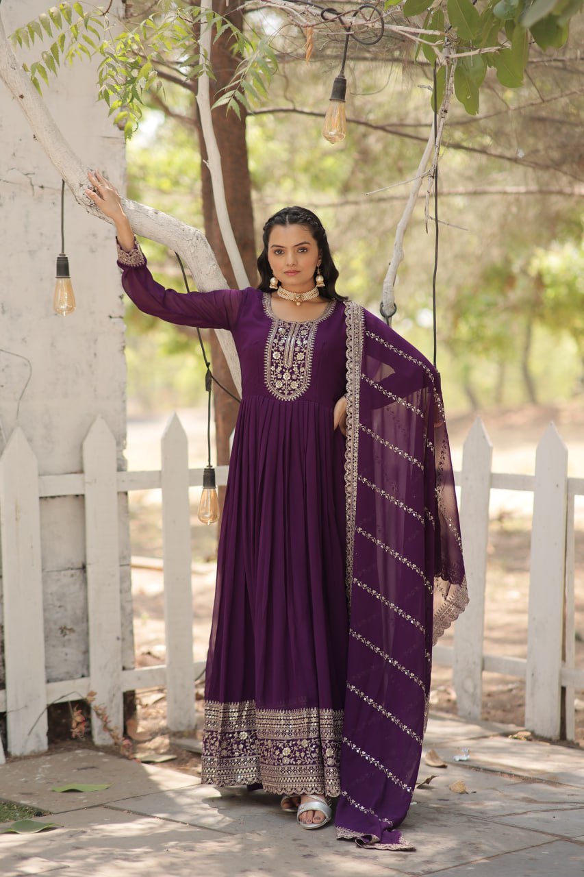 Purple Faux Blooming Gown with Rich Sequins Embroidered Work Gown