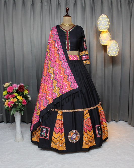 Black Yellow Fancy Digital Print Work With Real Mirror Work Navratri Lehenga Choli