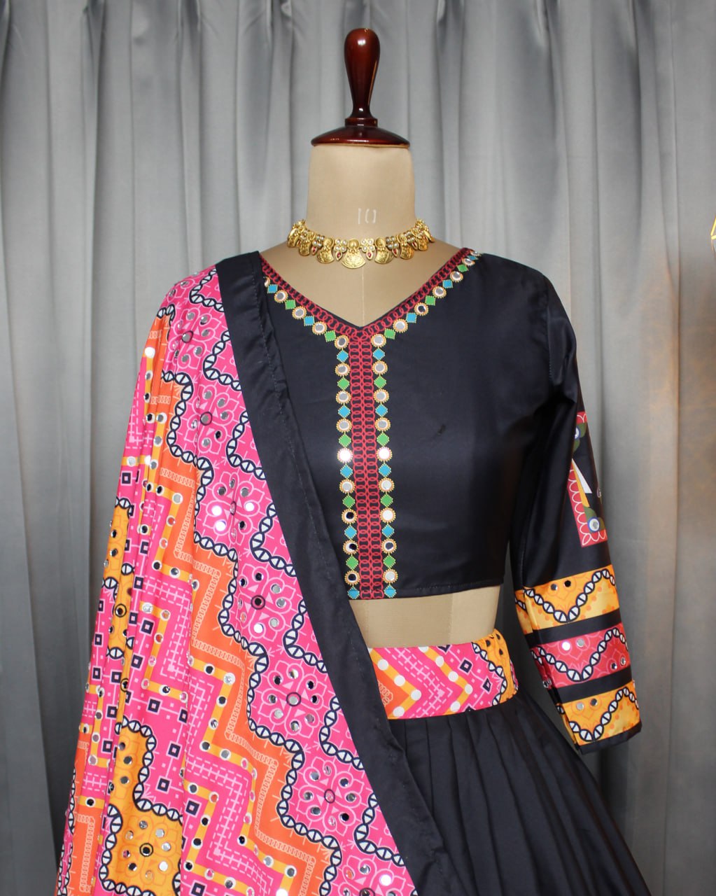 Black Yellow Fancy Digital Print Work With Real Mirror Work Navratri Lehenga Choli