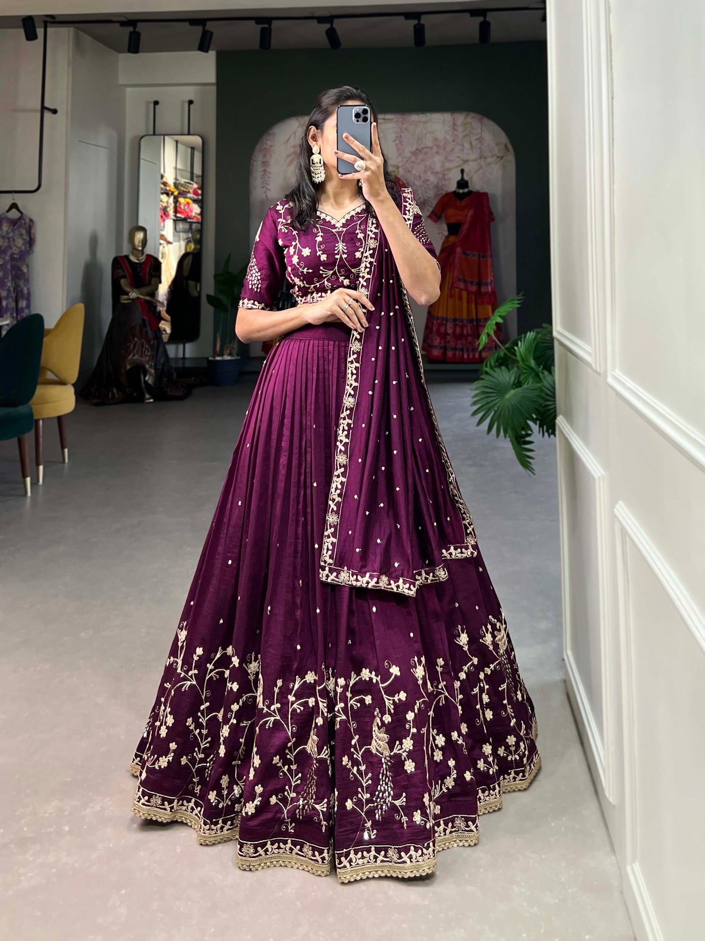 Wine Color Sequins And Thread Embroidery Work Vichitra Silk Lehenga Choli