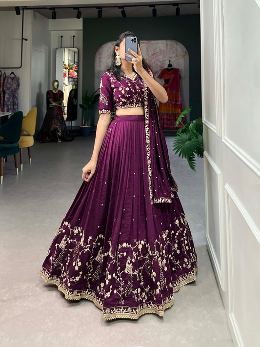 Wine Color Sequins And Thread Embroidery Work Vichitra Silk Lehenga Choli