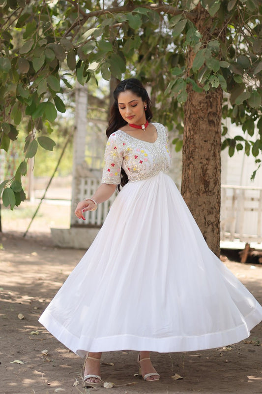 White Color Faux Blooming with Embroidery Zari Sequins Work