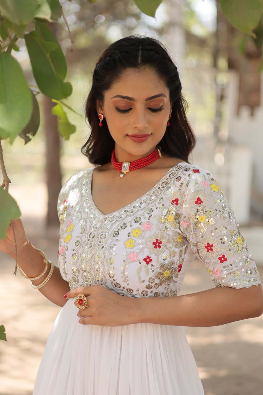 White Color Faux Blooming with Embroidery Zari Sequins Work