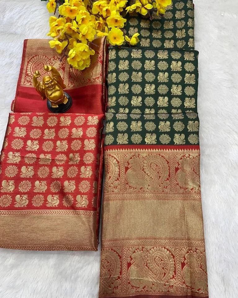 Green Kanjiveram Silk Zari Lehanga With Blouse Along With Heavy Jacqurad Zari Blouse and Heavy jacqurad Zari Border Duppta