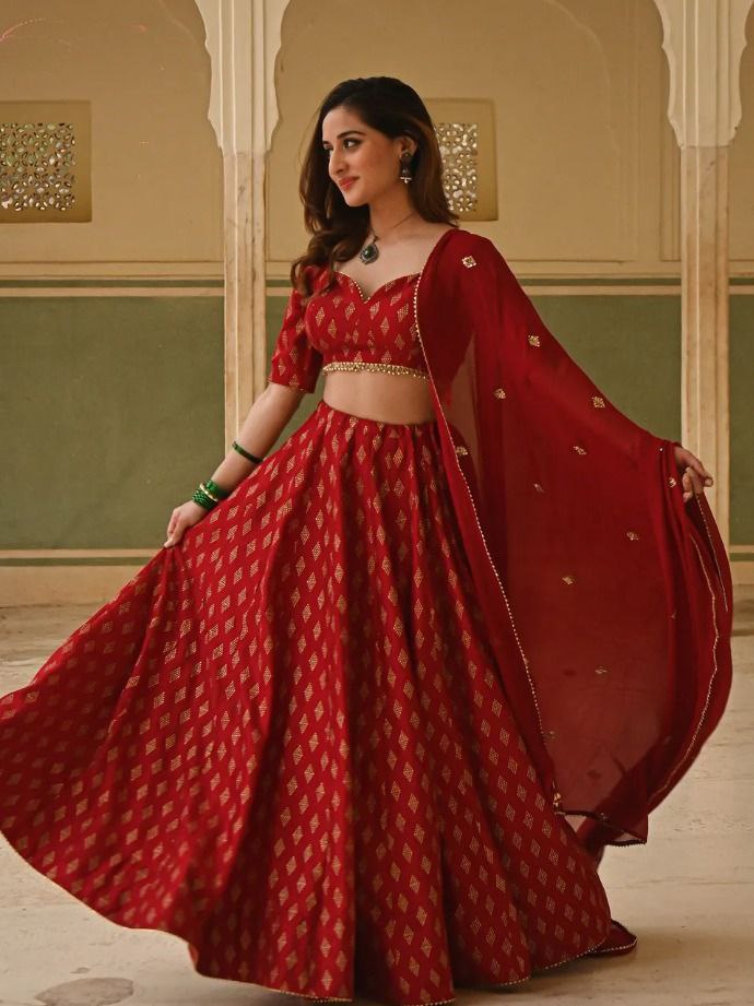 Red Silk Lehenga Set Unstich