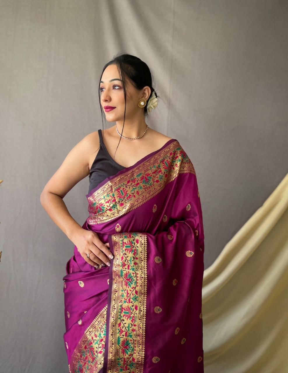 Violet Pure Paithani Silk Saree With Paithani Rich Weaved Pallu And Tassels With Meenakari Mottifs