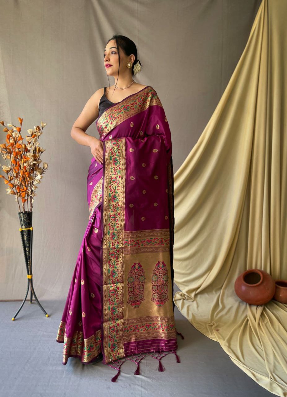 Violet Pure Paithani Silk Saree With Paithani Rich Weaved Pallu And Tassels With Meenakari Mottifs