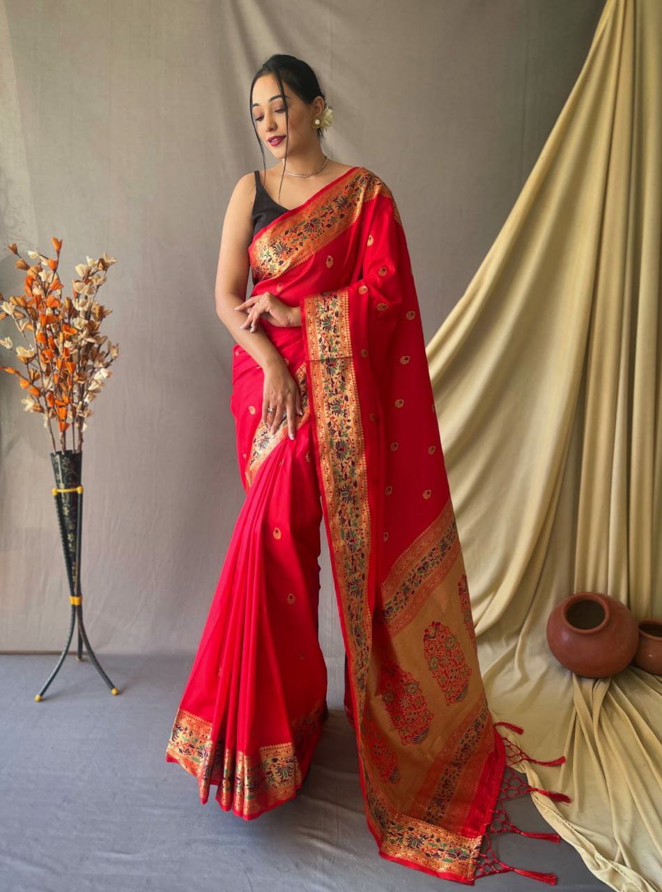Scarlet Red Pure Paithani Silk Saree With Paithani Rich Weaved Pallu And Tassels With Meenakari Mottifs